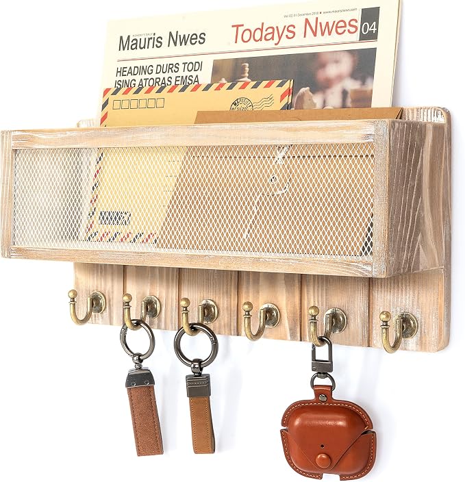 Rebee Vision Key Holder Wall Mount with Mail Basket for Home, Natural Wood | Pine Wood, Key Holder for Wall, 6 Key Hooks, Mail Organizer, Stores Letters and Sunglasses, Home Decor, Apartment Storage