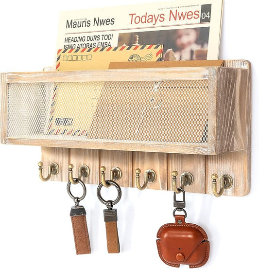 Rebee Vision Key Holder Wall Mount with Mail Basket for Home, Natural Wood | Pine Wood, Key Holder for Wall, 6 Key Hooks, Mail Organizer, Stores Letters and Sunglasses, Home Decor, Apartment Storage