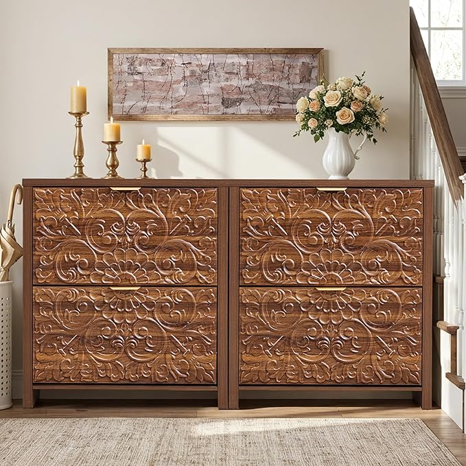 weselon Shoe Cabinet with Flip Drawers, Narrow Shoe Storage Cabinet, 2-Tier Hidden Shoe Organizer with Carved Floral for Entryway, Mid-Century Modern Slim Shoes Storage for Hallway Foyer (1, Walnut)