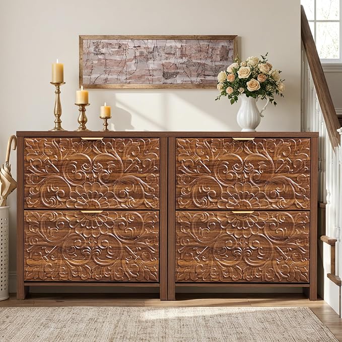 weselon Flip Drawer Shoe Cabinet Set of 2, Narrow Shoe Storage Cabinet, 2-Tier Hidden Shoe Organizer with Carved Floral for Entryway, Slim Shoes Storage for Hallway Foyer (2, Walnut)
