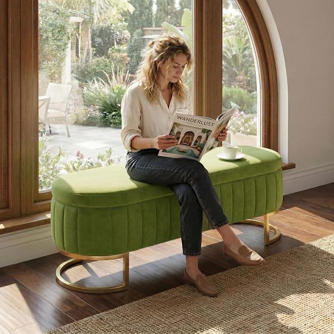 51 Inch Storage Ottoman Bench Velvet End of Bed Storage Bench King Size Upholstered Tufted Bench Large Space for Bedroom Living Room Entryway Light Green