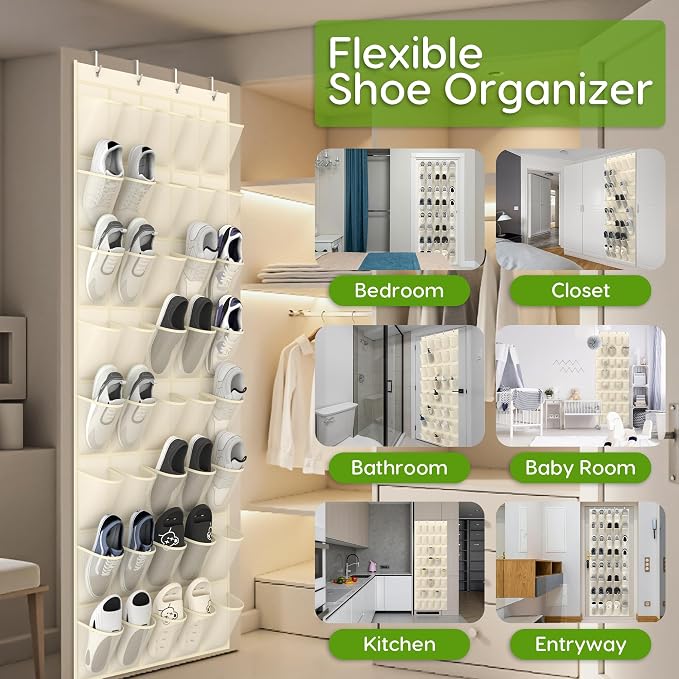 Over the Door Shoe Organizer with 40 Large Breathable Mesh Pockets, Space Saving Shoe Holder, Hanging Shoe Rack for Entryway Bedroom Closet Storage (Beige, 40 Pockets)