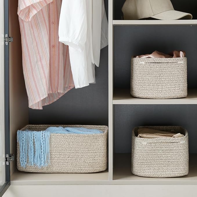 3-Pack Storage Baskets for Organizing | Woven Shelf Toy Basket | Rope Baskets for Gifts Empty | Closet Organizer Bins with Handles | Cube Decorative Box | 13.7×7.1×6.7” | Mixed brown