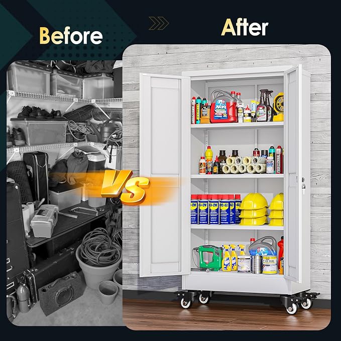 PAOFIN Metal Garage Storage Cabinet with Wheels,Steel File Cabinets with 2 Doors and 3 Adjustable Shelves for Home Office, Warehouse, Required Assembly,White
