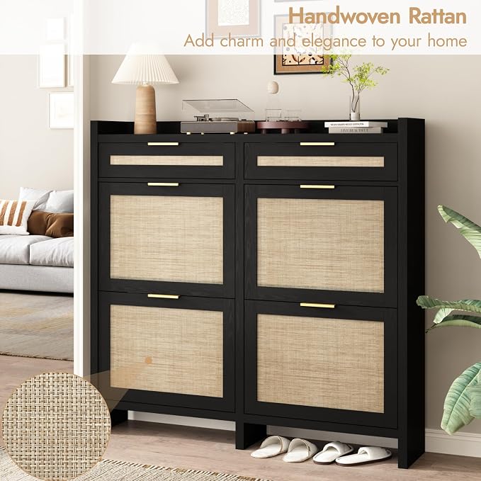 HOKYHOKY Large Rattan Shoe Storage Cabinet with 4 Flip Drawers & 2 Storages | Hidden Slim Shoe Organizer, Farmhouse Boho Narrow Shoe Rack, Large Tabletop Space, Entryway, Rustic Black