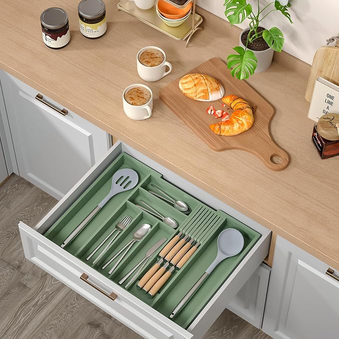 Expandable Bamboo Silverware Drawer Organizer Tray, Grayish Green | Removable Knife Block, Holds 7 Knives, Adjustable Dividers, 12.6-21.45 x 16.3 x 2.13 in, Drawer Insert for Utensils, Forks