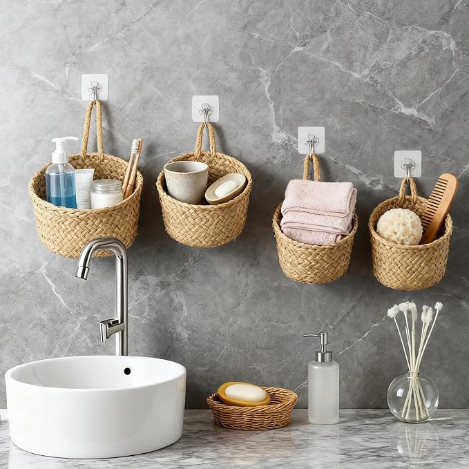 5 Pcs Woven Wall Hanging Baskets, Boho Storage Organizers Fabric Pouches Wall Mounted Bag for Home Office Living Room Decor, Brown