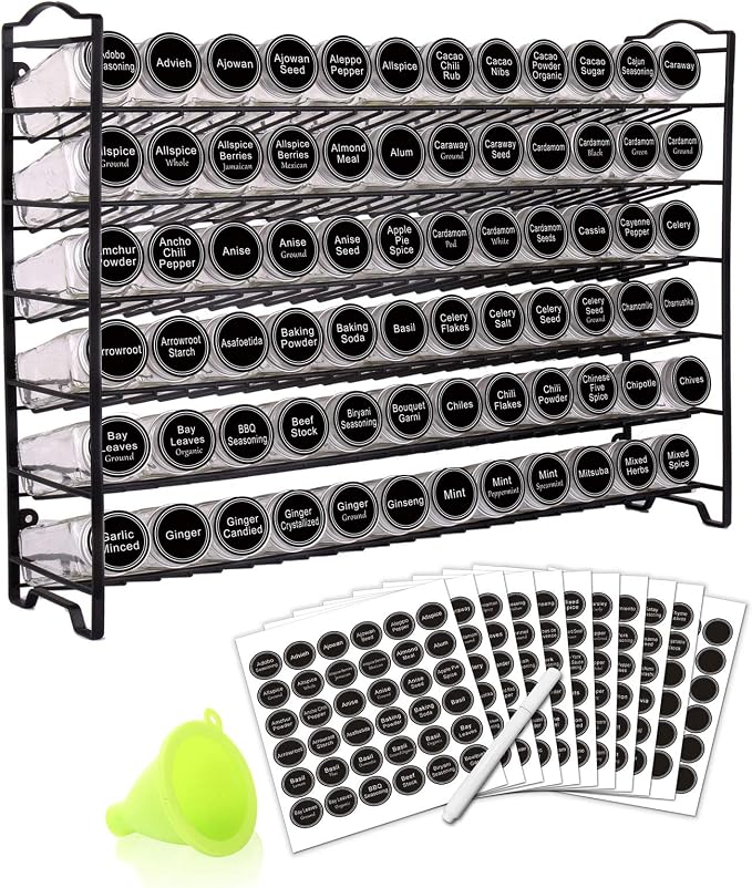 SWOMMOLY Spice Rack Organizer with 72 Spice Jars 4 oz, 396 Spice Labels | Chalk Marker, Funnel Set, Spice Organizer for Countertop, Pantry, Cabinet, Cupboard & Wall Mount, 22.2" W × 16.5" H, Black