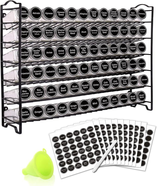 SWOMMOLY Spice Rack Organizer with 72 Spice Jars 4 oz, 396 Spice Labels | Chalk Marker, Funnel Set, Spice Organizer for Countertop, Pantry, Cabinet, Cupboard & Wall Mount, 22.2" W × 16.5" H, Black