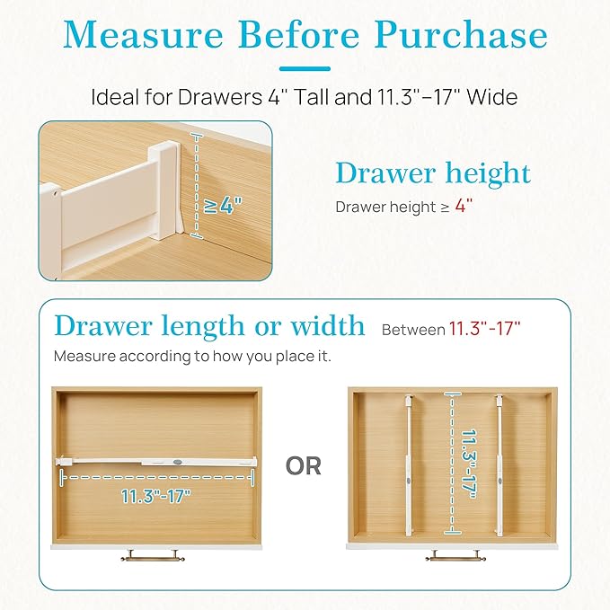 Vtopmart 4 Pack Drawer Dividers for Clothes, 4" High 11.3"-17" Adjustable Expandable Dresser Drawer Organizer, Plastic Drawers Separators for Dresser, Baby Clothes, Underwear, Kitchen & Office Storage
