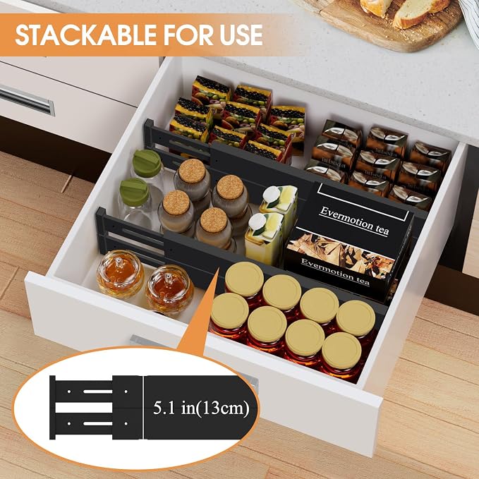 Bamboo Drawer Dividers, Adjustable Drawer Organizers, Fits 17.6–21" Drawers | 2.5" High, 8 Pack Expandable Drawer Separators for Kitchen, Nursery, Dressers & Office Storage, Black