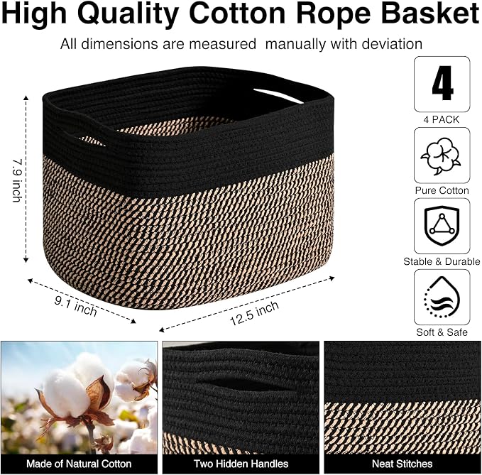 ICERZCZ Storage Baskets for Shelves Organizing, Woven Cotton Rope Baskets for Storage, Book Basket, Decorative Shelf Basket, 12.5"Lx9.1''Wx7.9''H (4 Packs) Black & Jute