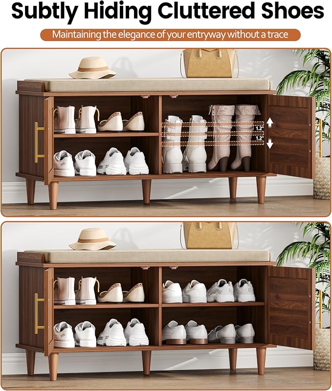Akxomel 39.4" Rattan Shoe Storage Bench 2 Doors Entryway Bench Walnut | 2 Tier Shoe Bench with Padded Cushion, Adjustable Shelves and 2 Doors, Solid Wood Legs, for Hallway, Living Room, Bedroom