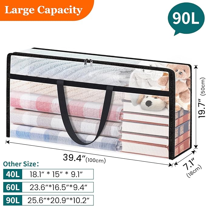 TasticTotes 8 Pack Clear Storage Bags for Comforter, 90L Long | Plastic Blanket Storage with Zipper & Handle, Foldable Moving Bags, Closet Organizer and Under-Bed Storage Containers
