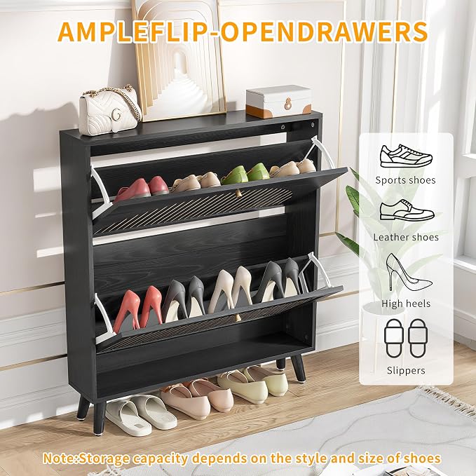 Fsbecl Shoe Storage Cabinet for Entryway with 2 Flip Drawers, Narrow Wood Shoe Cabinet with Fluted Panel, Freestanding Hidden Shoe Organizer for Hallway
