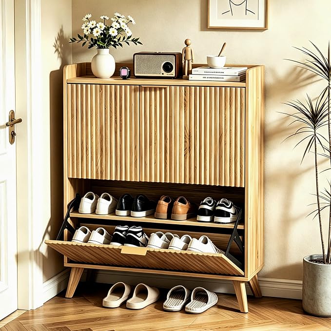 Fluted Shoe Cabinet Storage with 2 Flip Drawers, Wood Narrow Hidden Shoe Organizer with Adjustable Shelf for Entryway, Freestanding Slim Shoe Rack for Hallway Living Room, Saving Space, Oak
