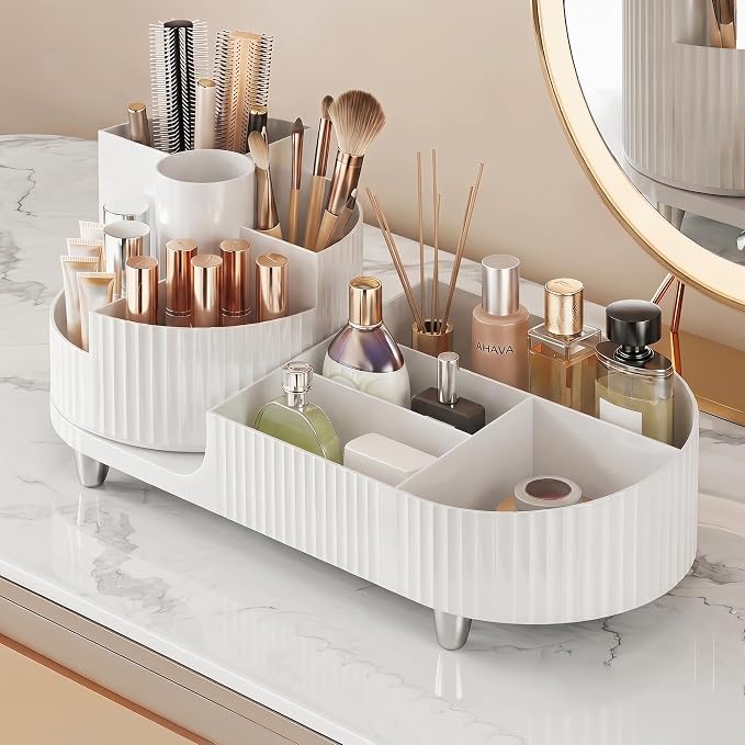 Booklov Rotating Makeup Organizer for Vanity Countertop, White | Plastic Cosmetic Display Case, Large Beauty Brush Holder for Bathroom Counter, Skin Care Perfumes Storage