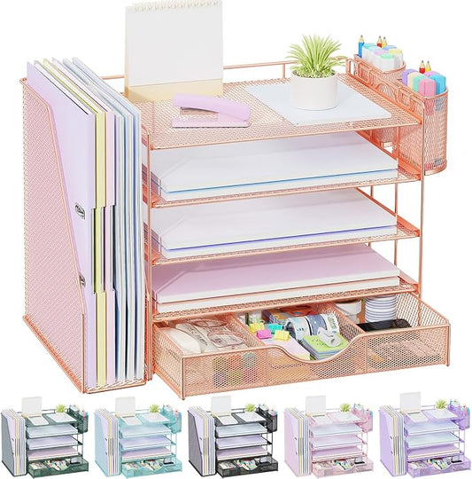 gianotter 5-Tier Desk Organizer with Drawers and File Holders | Letter Trays and Pen Holders - Workspace Accessories for Office Supplies (Rose Gold)