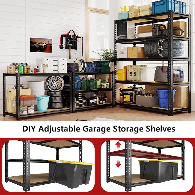 Storage Shelves Unit,40" W 5-Tier Garage Shelving Heavy Duty Metal Adjustable Garage Shelves,Stable Shelves Organizer for Pantry, Kitchen and Basement,40" W x 20" D x 72" H,Black