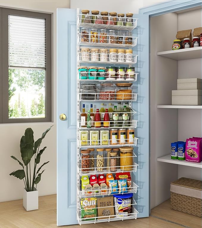 Mefirt White 10-Tier Over The Door Pantry Organizer, 2 in 1 Spice Rack | Pantry Hanging Organizers and Storage, Adjustable Baskets Heavy-Duty Metal for Home & Kitchen, Back of Door Seasoning Rack