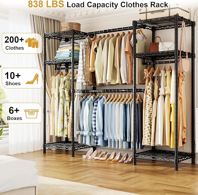 Ulif E7 Garment Rack, Heavy Duty Clothes Storage System with Extendable Hangers Rods, Metal Clothe Rack with 6 Wire Shelves, (52.3"-72") W x 14.5" D x 71.2" H, Load 838 LBS | Metal Clothing Rack with 6 Wire Shelves, Freestanding Portable Closet Wardrob...