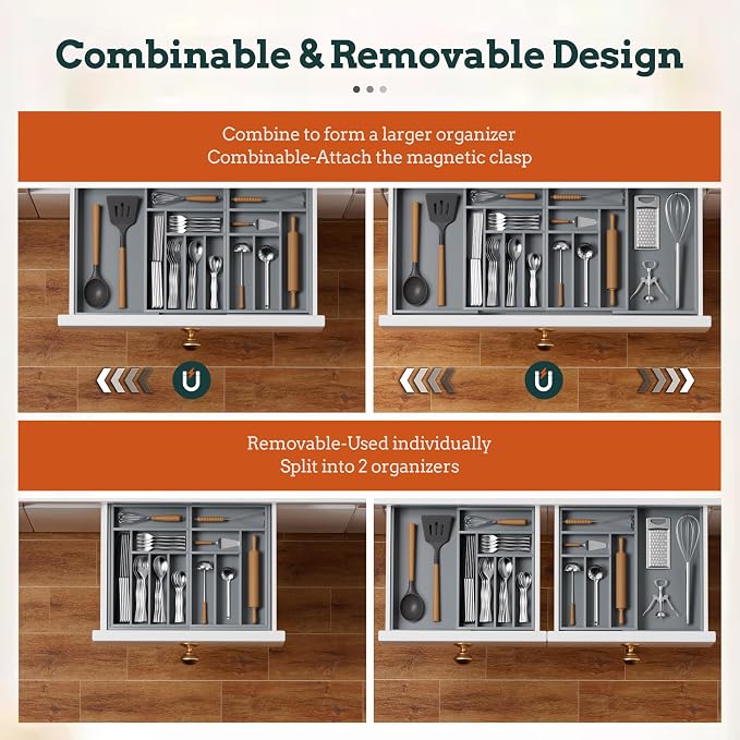 Silverware Organizer Large, Magnetic Connected Expandable 13 Slots Silverware Drawer Organizer from 21 to 37.4 Inches, Adjustable Flatware and Cutlery Holder, Bamboo Utensil Tray for Kitchen Gray