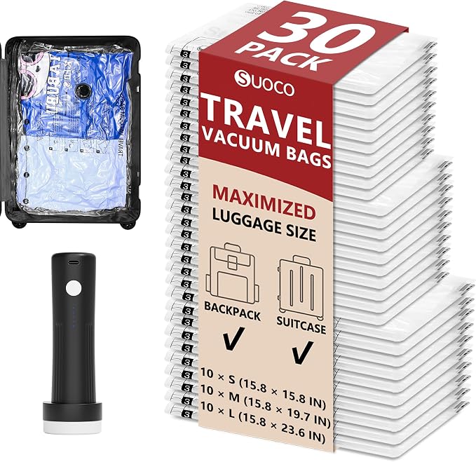 Travel Vacuum Bags for Clothing with Rechargeable Pump 30 Combo, Clear | Compression Packing Cubes Organizer Storage for Luggage Suitcase, Space Saver Seal Bags for Vacation Cruise