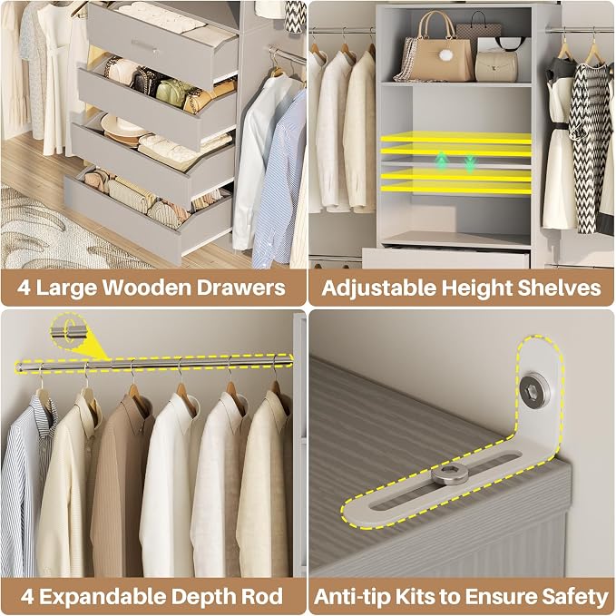 Aheaplus Closet System, 4-9Ft Closet Organizer with 4 Wooden Drawers, Wood Closet Organizer System with Tower, Walk-in Closet Organizer Wardrobe Garment Clothes Rack with 4 Hanging Rods, Grey