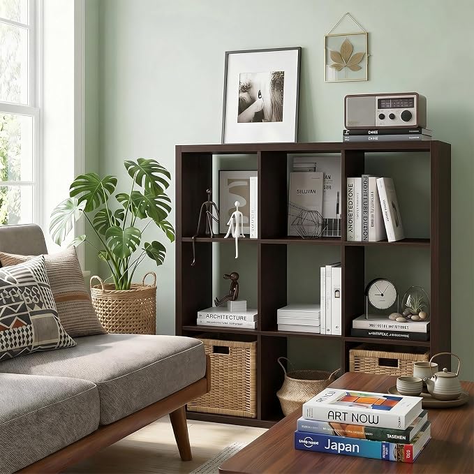 CTESNE【Wooden Thick Frame 9 Cube Storage Organizer Shelf with Anti-Tipping Kits + Reversible Open Back Bookcase, Horizontal and Vertical Dual-use Standing Bookshelf（Chocolate,13inch）