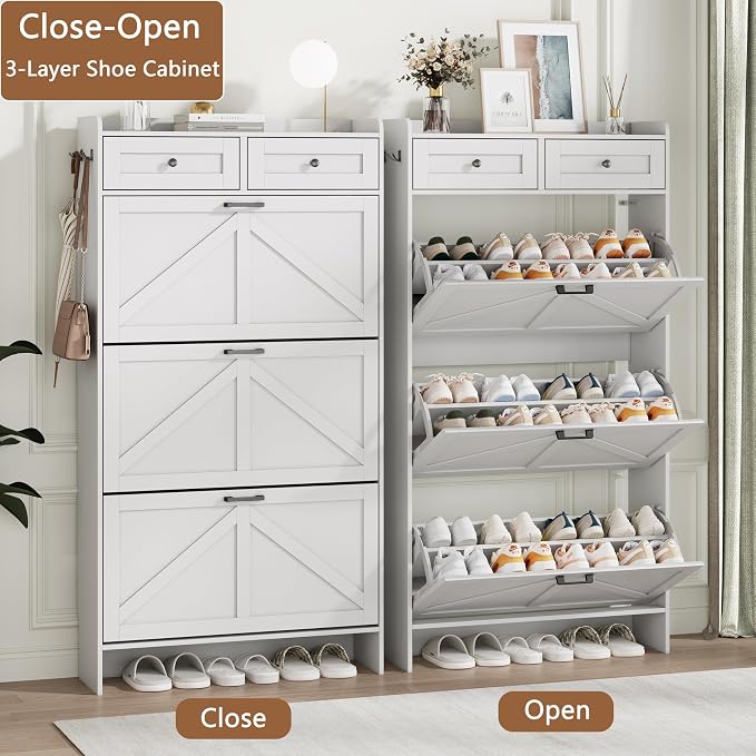 Shoe Cabinet with 3 Flip Drawers & 2 Top Drawers, 57" Tall Freestanding Narrow Wooden Shoe Storage Organizer for Entryway, Hidden Slim Shoe Rack for Front Door Entrance, Hallway, Living Room, White