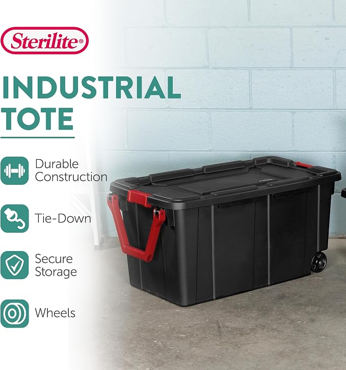 Sterilite Heavy Duty 40 Gallon Wheeled Industrial Storage Tote, 4-Pack, Black | Heavy-Duty and Stackable Utility Box Containers for Home, Office, and Basement Organization, Black