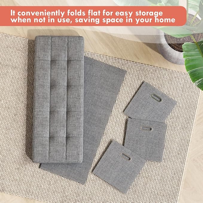 Ornavo Home 40 Inch Storage Ottoman with 3 Drawers, Tufted Linen, Gray | Foldable Large Bench Design; Foot Rest Stool Seat; Ideal for Living Room, Bedroom or Entryway
