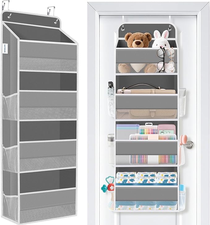 Over The Door Organizer Storage Large Capacity Hanging Bedroom Storage | 4 Shelves, 40 LB Capacity, Foldable Mesh Design, Clear Window, Sturdy, Large Storage Organizer for Nursery, Pantry & Closet