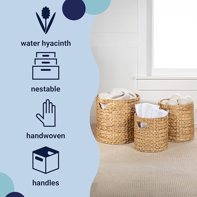 happimess Avery 3-Piece Cylinder Nesting Baskets 13", Natural | Hyacinth, Bohemian Cottage Style, Handwoven Wicker, Iron Metal Frame, Decorative Storage For Toys And Books, Built In Handles