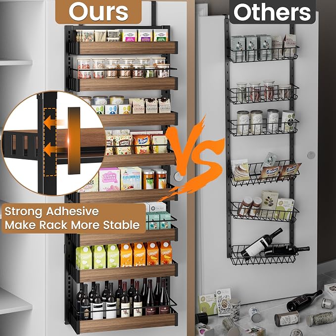 POKIPO 8 Tier Over The Door Pantry Organizer, 2 IN 1 Wall Mount or Hanging Spice Rack Seasoning Shelves with Adjustable Basket, Back of Door Organizer and Storage for Kitchen Cabinet and Room Closet