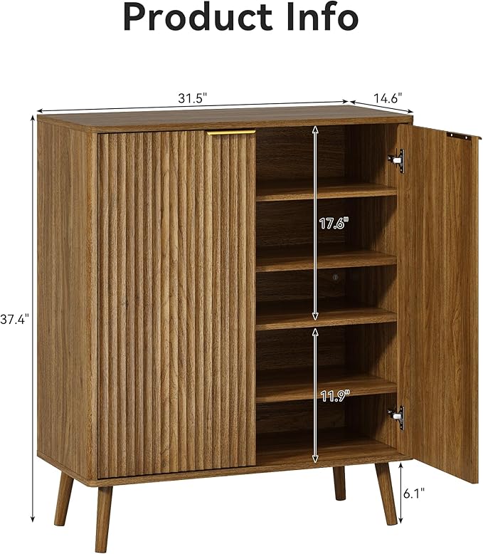 Fluted Shoe Cabinet with Doors Set of 2, 5-Tier Shoe Storage Cabinet with Adjustable Shelves, Wooden Freestanding Shoe Organizer Shoe Cabinet for Entryway,Hallway,Living Room, Natural Oak