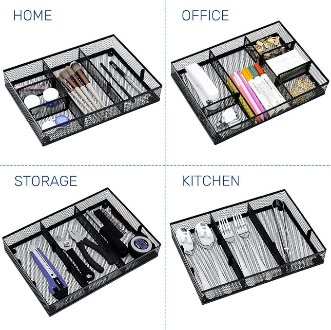 Neudeco Desk Drawer Organizer, 4 Pack Metal Mesh, Black | Adjustable Dividers, Stackable, Pen Organizer, Office Supplies Organizer