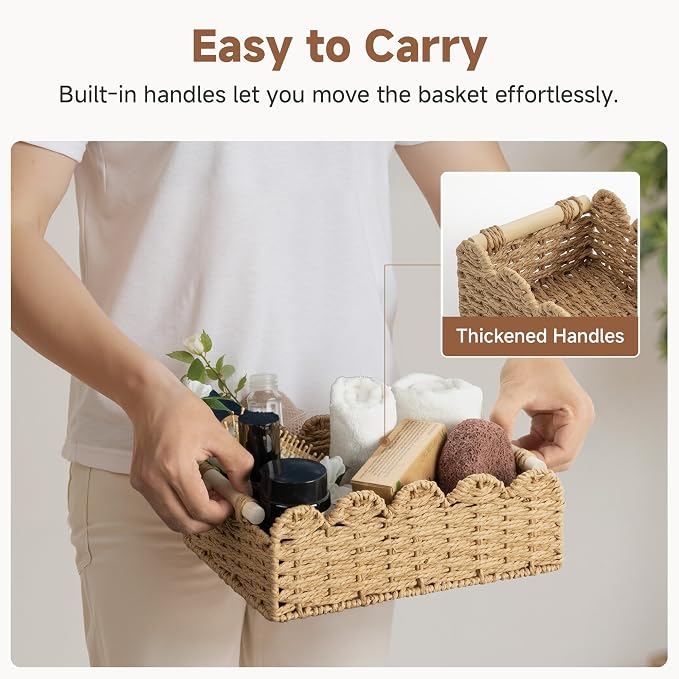 StorageWorks Toilet Paper Storage Basket 2 Pack, Toilet Basket with Wooden Handles, Small Wicker Decorative Scalloped Baskets for Organizing, Living Room, Shelves, Brown Rope Baskets