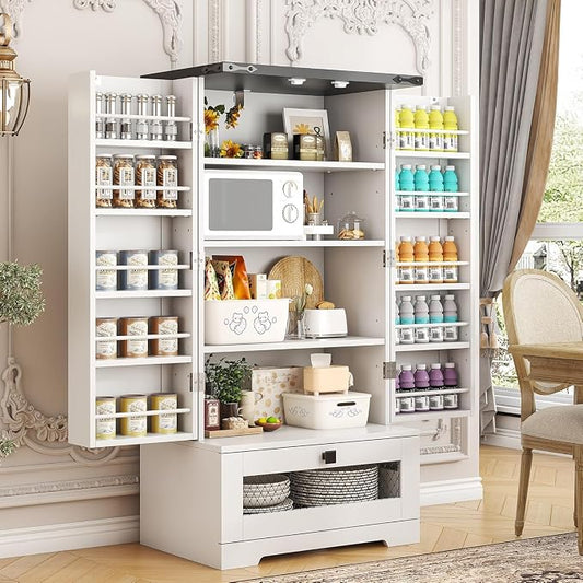 kepptory Farmhouse Pantry Cabinet with Barn Door & Adjustable Shelves, Freestanding Kitchen Storage Cabinet for Dining Room, Bathroom, Hallway (White)