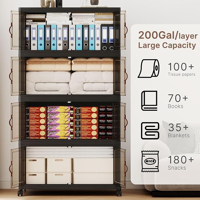 936QT Extra Large Stackable Storage Bins with Lids & Wheels | & Door,Total 234Gal for 4-Tier set Foldable Collapsible Closet Organizers, Plastic containers drawers for bedroom Dorm