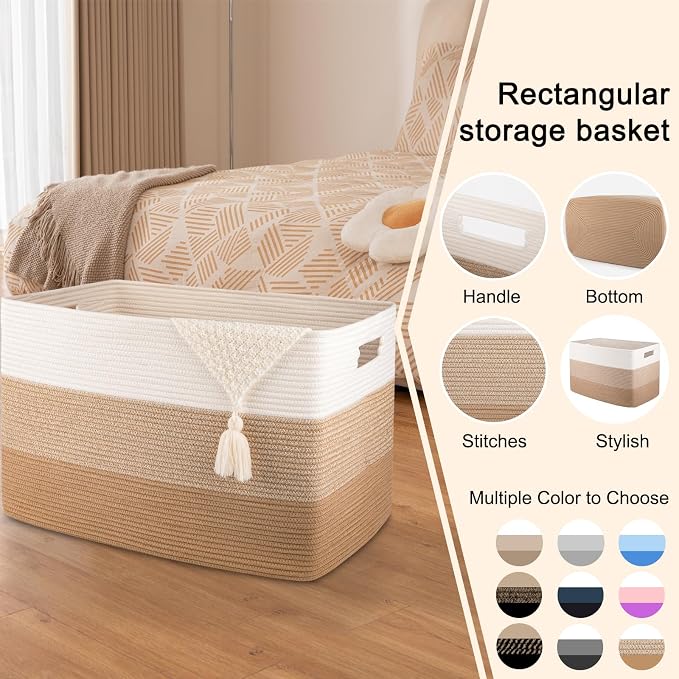 OIAHOMY 108L Super Large Blanket Basket, 25”x16”x16” Rectangle Woven Baskets for Storage, Cotton Rope Basket For Living Room, Toy Storage with Handle- Gradient Light Brown