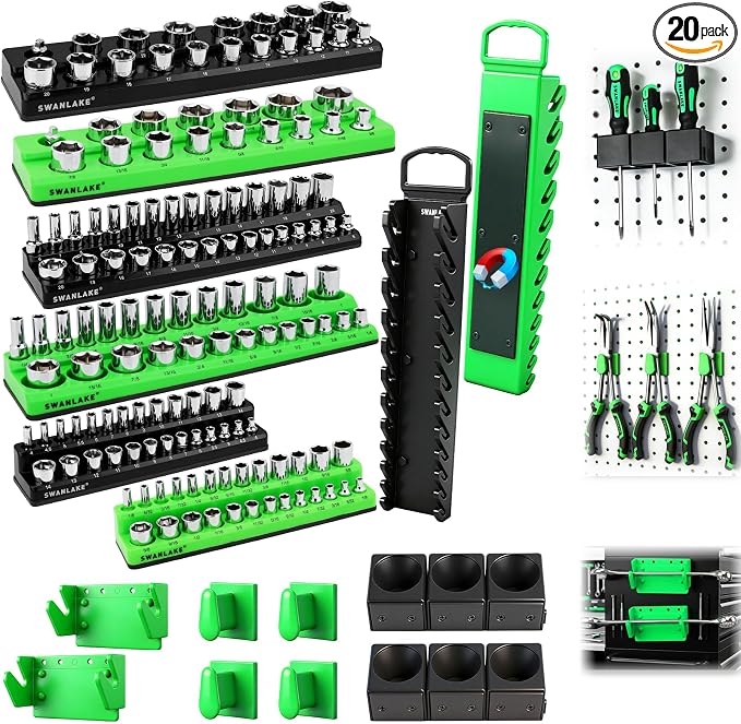 20-Piece Magnetic Tool Organizer Set, 1/4", 3/8", 1/2" SAE & Metric Socket Organizers, 2 Large Wrench Holders, 24-Slot Wrench Rails, Plier and Screwdriver Wall Mount Storage