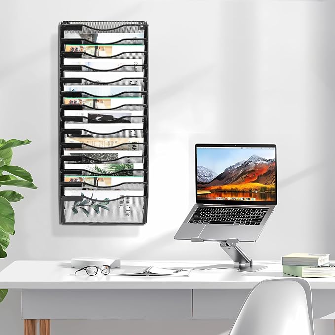EasyPAG Wall File Organizer for Office 14 Pocket Mesh Wall Mounted Paper Organizer Hanging Folder Holder with Nametag Label for Home School, Black