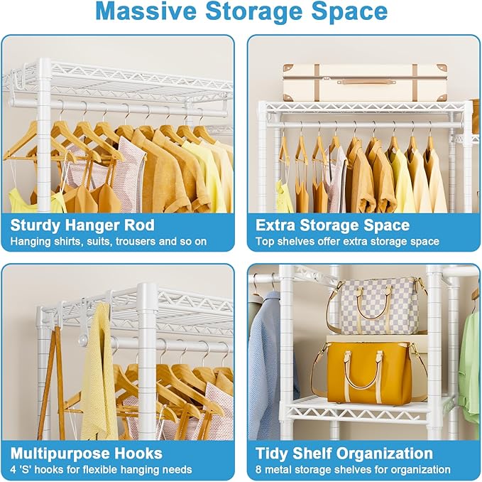 Ulif E4 Clothes Rack, Heavy-Duty Garment Rack, Metal Freestanding Clothing Organization Storage System Can Be L-shaped with Shelves and Hangers, Max Load 962lbs, 71.6" W x 14.5" D x 79.3" H, White | Metal Freestanding Clothing Organization Storage Syst...