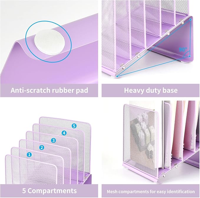 LEKETREE Purple File Organizer for Desk, Desk Organizer with 5-Section Vertical File Rack, File Folder Organizer (Purple)