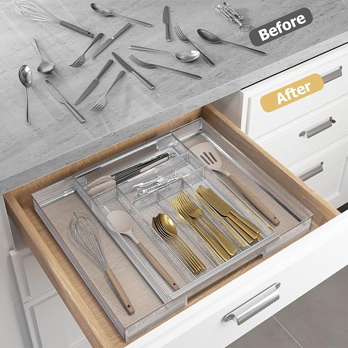 Sedegn Silverware Organizer Metal Mesh, Large Drawer Organizer, Utensil Cutlery Tray for kitchen drawers, Expandable Flatware Organizer with 8 Compartment Silver 11.6"~20" x 17.3"