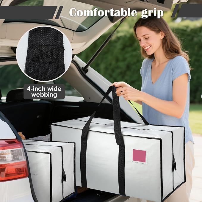 6 Pack Moving Bags Heavy Duty 210GSM with Full-Open Side Zipper, 93L 65lbs Waterproof Foldable Storage Totes for College Dorm Move-In, Moving Boxes Alternative & Home Organization,White