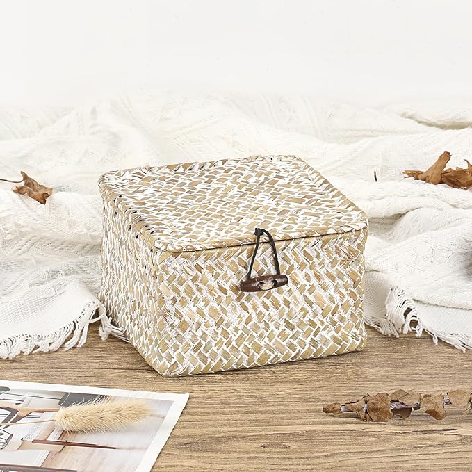 Hipiwe Wicker Shelf Baskets with Lid Woven Decorative Basket Bin, X-small | Handmade Natural Seagrass Storage Box, Household Organizer Bin for Shelf Bathroom Coffee Table Decor Organizer