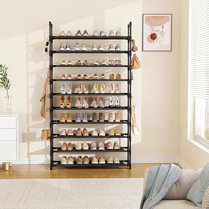LANTEFUL Tall Shoe Rack 10 Tier Shoe Organizer Large Shoe Shelf with 18 Hooks Storage for 50 Pair, Stackable Vertical Shoe Rack Organizer for Closet, Entryway, Bedroom