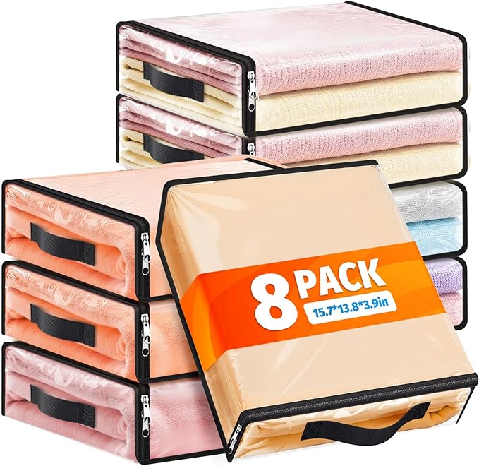 SpaceWhisper Clear Sheet Storage Bags, 8 Pack, 15.7 x 13.8 x 3.9 in | Sheet organizers and storage, zippered closure, thick plastic, reinforced handles, clothes, blankets, under-bed storage